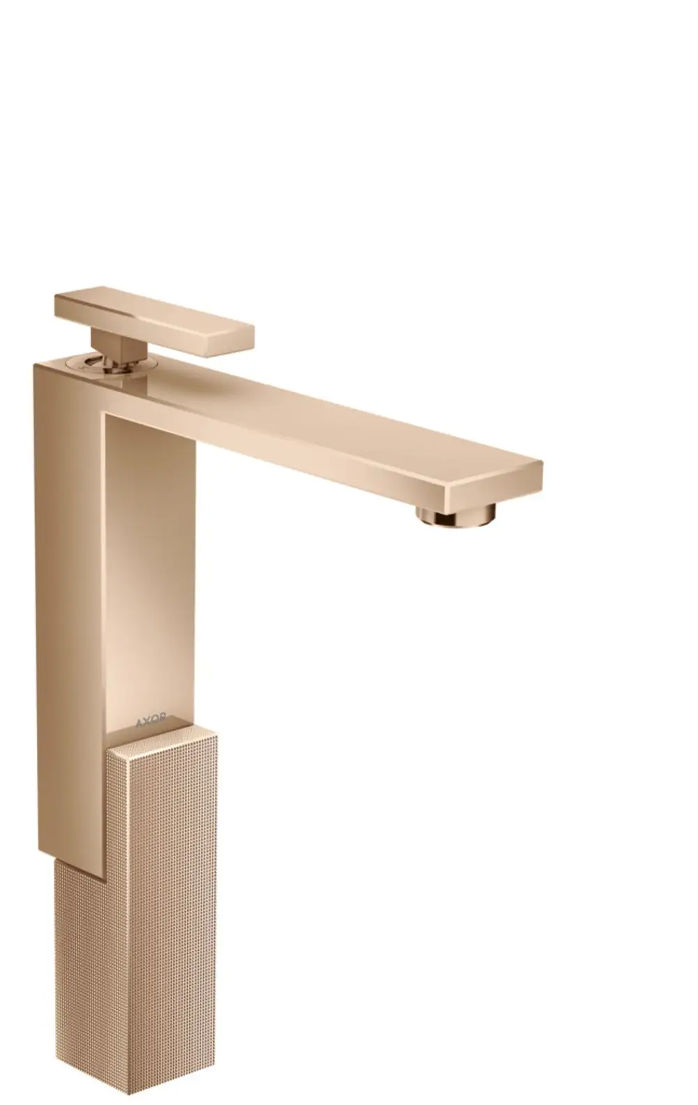Einhebel-Waschtischmischer in Gold-Optik von AXOR, mit geraden Linien, einem flachen Hebel und einem quadratischen Standfuß. Ideal für moderne Badezimmer.